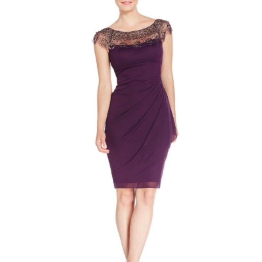 XSCAPE Cap-Sleeve Illusion  Sheer Plum Jersey  Ruffle Beaded Dress,‎ Size 4